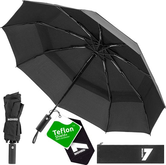 Nohrd Storm Umbrella - Schwarz - Regenschirm faltbar - Winddurchlässig - 140 km/h - Sturmschirme - Automatisches Auf- und Zusammenfalten - Regenschirme - inkl. Schutzhülle