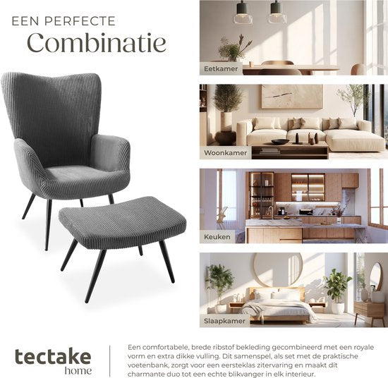 tectake® Ohrensessel mit Hocker - Skandinavischer Teddy Bouclé Sessel - Lounge und Wohnzimmersessel - Schwarze Metallbeine - Belastbarkeit 150kg - Cord - Grau