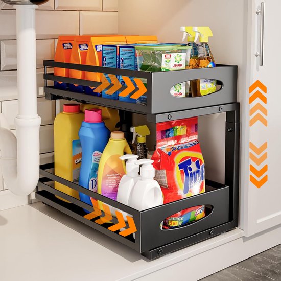 Posity Küchenschrank-Organizer - Spülenschrank-Organizer - Arbeitsplatten-Organizer - Aufbewahrungsregal - Badezimmer-Organizer - Küchenregal - ausziehbar - Metall - Schwarz