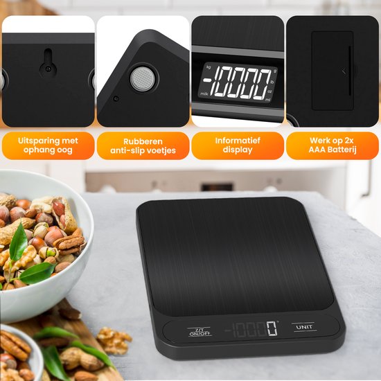 Strex Küchenwaage Digital - Küchenwaage - 1 g bis 10 kg - Tara-Funktion - Batterien enthalten - Schwarz