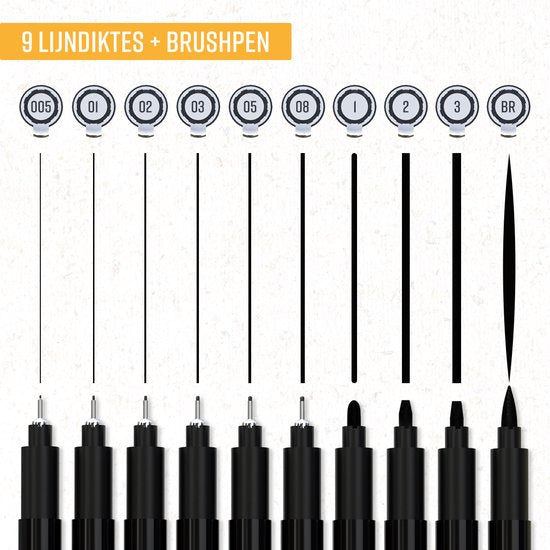 NAPI 10 Fineliner schwarz inkl. Pinselstift & Lineal - 0,2 bis 3mm - Stifte schwarz - Bullet Journal Zubehör - Zeichenstift-Set