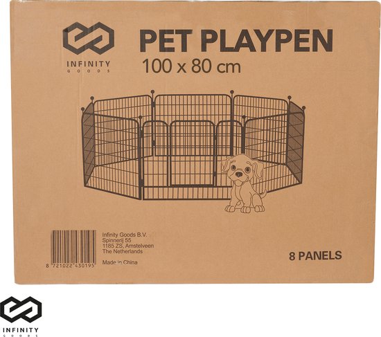 Infinity Goods Hundeauslauf - Welpenauslauf - 8 Paneele - 100 x 80 CM - faltbar - mit Tür - Stahl - Schwarz