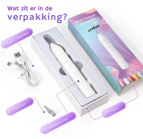 Rubye® - Elektrischer Diamantmalstift - Mit Vakuumtechnik - Wiederaufladbar über USB-C - Komfortabel in der Anwendung - Für runde und eckige Steine - Weiß