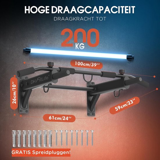 DH FitLife 4-in-1 Wandklimmzugstange mit Spreizstecker, multifunktionale Klimmzugstange für zu Hause bis 200 kg | 6 rutschfeste Griffe | 3 Ösen für Boxsack & Schlingentrainer | sicher und stabil