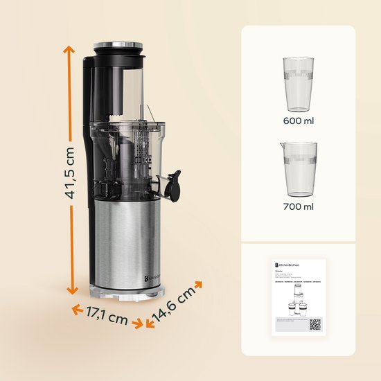 KitchenBrothers - Slowjuicer - Vertikal - Gemüse- und Obstpresse - 80 mm - 750 ml - Grau