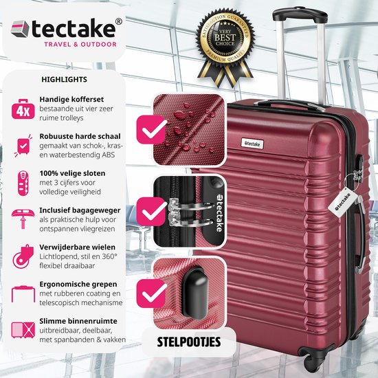 tectake - 4-teiliges Hartschalenkofferset - Reisekofferset mit Rollen - ABS - Teleskopgriff und Schloss - Inklusive Gepäckwaage - Trolleygrößen S-M-L-XL - Rot