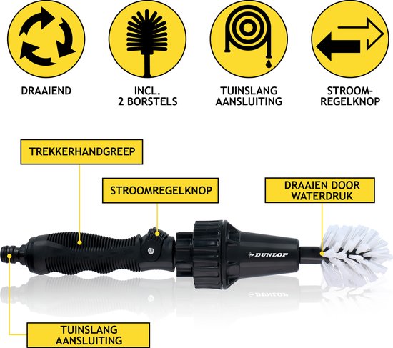 Dunlop Reinigungsbürste - Felgenbürste - Mit Schlauchanschluss 3/4" - Rotierend - Durchflussregler - 2 Bürsten
