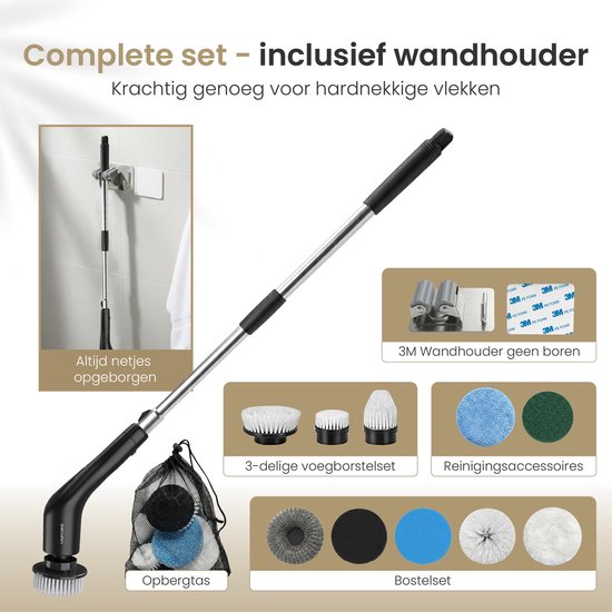 Vapore Elektrische Reinigungsbürste - 14 Aufsätze + gemeinsames Bürstenset - 421 U/min Motor - 3 Geschwindigkeiten - 118cm ausziehbarer Griff - 3M Wandhalterung - Polierer - Schrubber - Für Bad & Küche