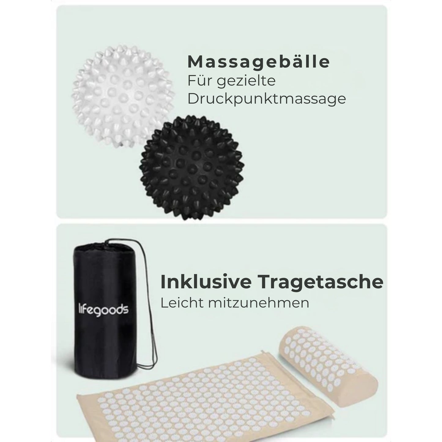 LifeGoods Akupressurmatte - Mit Kissen - Shakti Matte - Inkl. 2x Triggerpunkt Ball - 66x40x2cm - Beige/Weiß