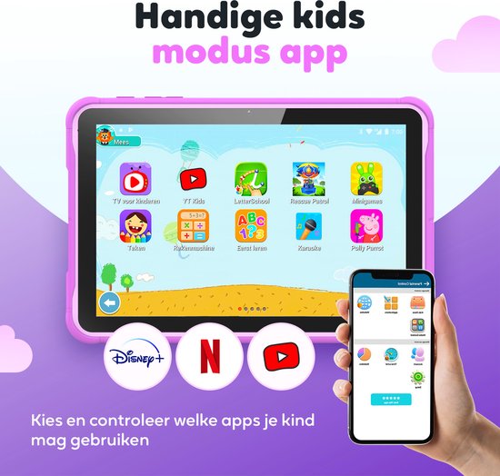 Spoused Kinder-Tablet - 10,1 Zoll - Kinder-Tablet ab 3 Jahren - 64GB - 4GB RAM- 6000 mAh Akku - Inkl. Schutzhülle & Parent Control App - Lila