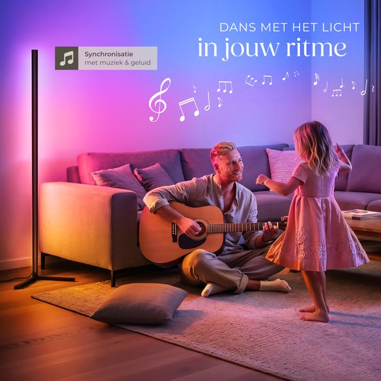 tectake® Smart LED Stehleuchte Spectra - Eckleuchte mit 16 Millionen Farben - 200 Lichteffekte - Smart Stehleuchte - 145 cm - dimmbar - Steuerung per App, Fernbedienung, Knopf und Stimme - Stehleuchte für das Wohnzimmer - Atmosphere Lighting