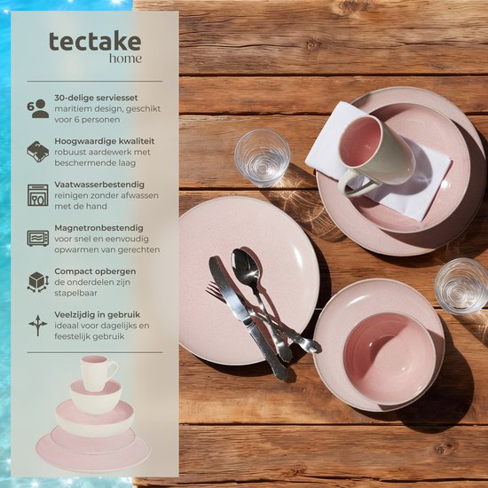 tectake® Geschirrset Mare – 30-teilig – Steingut mit glänzender Glasur - Für 6 Personen - Handgefertigtes Geschirr - Modernes Geschirrset mit großen und kleinen Tellern, Schüsseln, Schälchen und Tassen - Spülmaschinen- und mikrowellengeeignet - Rosa