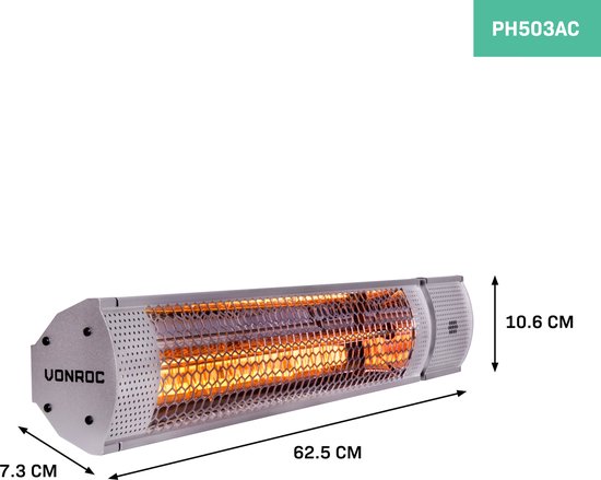 VONROC Atmosphärischer Terrassenheizer - Marsili 2000W - Hoher Wirkungsgrad - Silber - Blendarme Glühbirne - 2 Heizstufen - Mit Fernbedienung