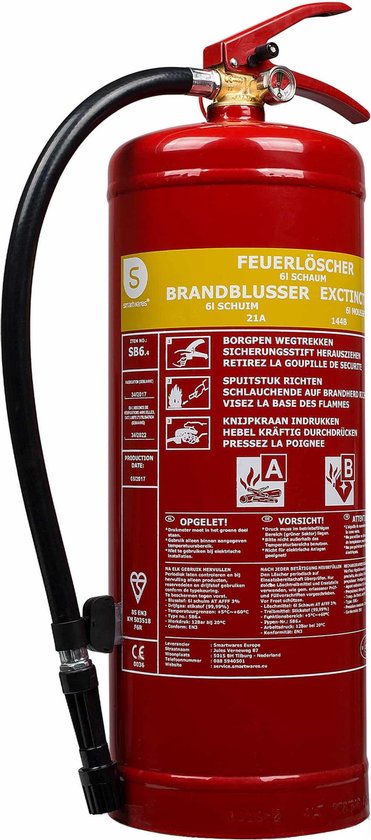 Smartwares 10.015.05 Feuerlöscher - 6 Liter - Schaum - Inklusive Aufhängevorrichtung - Brandklasse AB - BSI zertifiziert