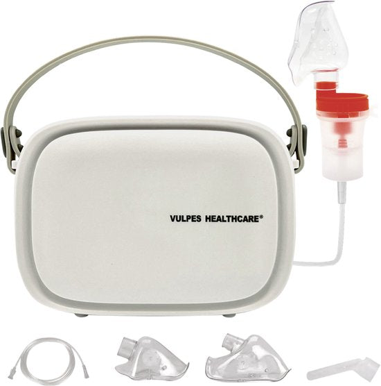 Vulpes Goods® HealthCare - Aerosolgerät - Ultraschallvernebler Inhalator - Vernebler - Inhalationsgerät für Kinder, Erwachsene und Babys - Endlosmodus - Hilft gegen Atemwegserkrankungen - Inkl. 3 Mundstücke