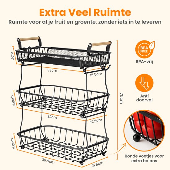 Posity Fruit Bowl 3 Layer - Obstkorb - Obst Etagere - Gemüsekorb - Drahtkorb - Mit Bananenhalter - Holz & Metall - Schwarz