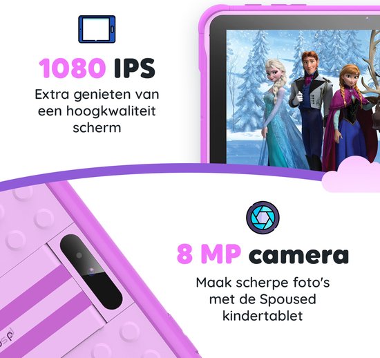 Spoused Kinder-Tablet - 10,1 Zoll - Kinder-Tablet ab 3 Jahren - 64GB - 4GB RAM- 6000 mAh Akku - Inkl. Schutzhülle & Parent Control App - Lila