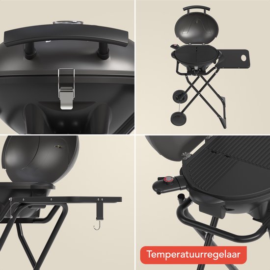KitchenBrothers - Elektrogrill mit Rädern - Klappbar - Antihaftbeschichtung - Beistelltisch - Bis zu 250°C - 2400W - Schwarz