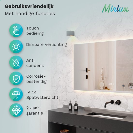 Mirlux Badezimmerspiegel mit LED-Beleuchtung & Heizung - Rechteckiger Wandspiegel - Anti-Kondensations-Duschspiegel - 160x80CM