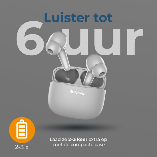 Denver Earbuds - Leichte Ohrhörer - 6 Stunden Musikgenuss - Bluetooth 5.3 - TWE48 - Grau