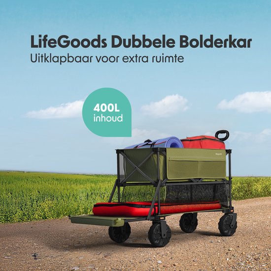 LifeGoods Double Wagon - Faltbarer Wagen - 200KG - 400L - Faltbar - Mit Schutzhülle - Grün