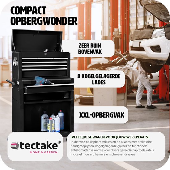 tectake® Werkstattwagen mit Kofferhalterung - Abschließbarer Werkzeugwagen mit 10 Fächern - Mobile Stahlwerkbank - Räder mit Bremse - Leerer Werkzeugwagen, Werkzeugschrank - Schwarz