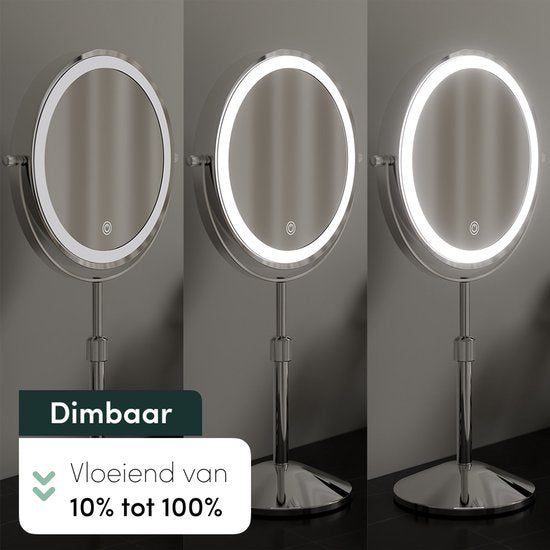 Nolt Make-up-Spiegel mit LED-Beleuchtung - 1X/10X Vergrößerungsspiegel - Rasierspiegel - Eitelkeitsleuchte - 3 Lichtmodi - wiederaufladbar - Silber
