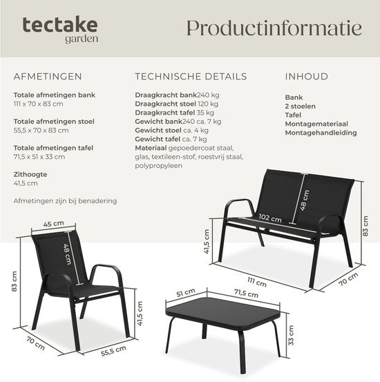 tectake® Garten-Set Nora - Moderne Sitzgruppe für 4 Personen - Lounge-Set mit Gartensofa und 2 Gartenstühlen aus atmungsaktivem, wasserabweisendem Textilgewebe - Balkonset mit Beistelltisch - Schwarz