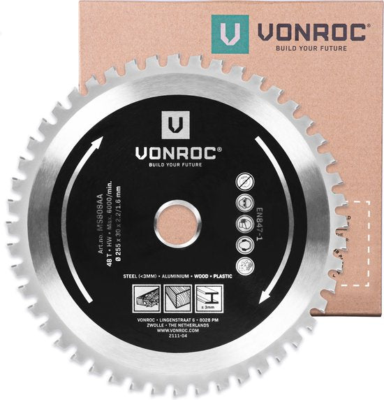 VONROC Multi-Material-Sägeblatt - 255 x 30mm - 48 Zähne - Für Holz, Aluminium, Kunststoff und Stahl - Für MS507AC