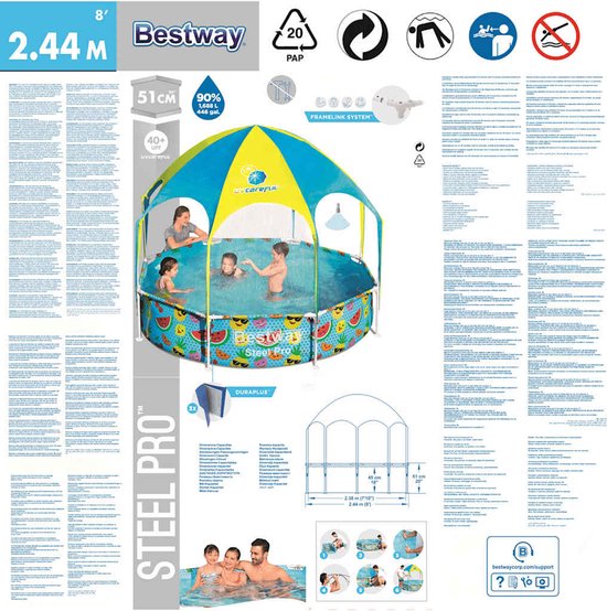 Bestway Steel Pro Kinderpool - UV-Sonnenschutz & kühlender Wassersprüher - 244x51 cm