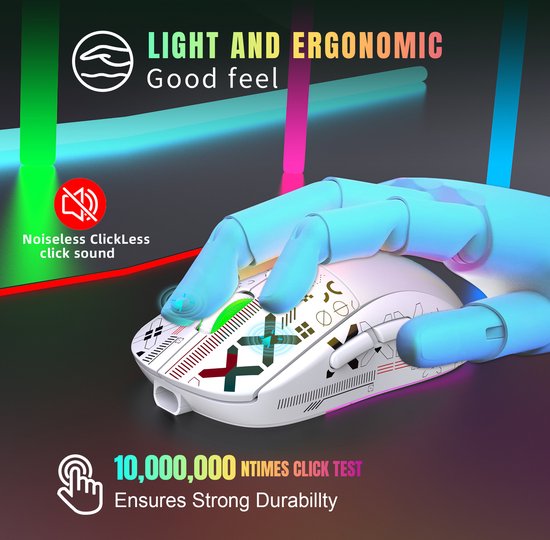 HXSJ T90 2.4G Silent Wireless Gaming Mouse - Bluetooth - Computermäuse - Ultraleicht - RGB-Beleuchtung - Weiß