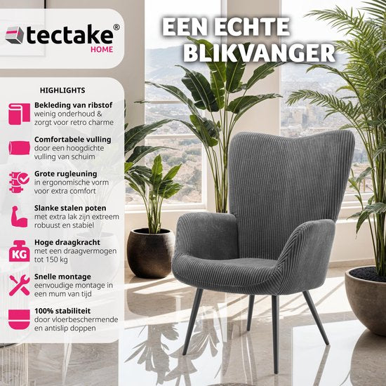 tectake Ohrensessel im skandinavischen Stil - Cord Hygge - Sessel für Wohnzimmer, Schlafzimmer - Loungesessel - Schwarze Metallbeine - Belastbarkeit bis 150 kg - Grau