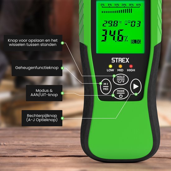 Strex Feuchtigkeitsmessgerät digital - für Holz / Baumaterialien (einschließlich Stein, Gips & Beton) - LCD-Display - Feuchtigkeitsmessgerät - Feuchtemessgerät Wände - inkl. Batterien & Aufbewahrungskoffer