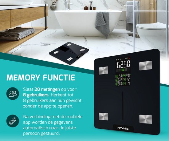 FITAGE LED-Waage Personenwaage Digital - Intelligent - Mit 17-facher Körperanalyse - FITAGE App
