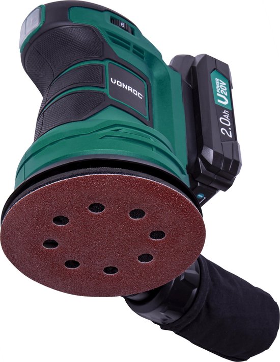 VONROC Exzenterschleifer - VPower 20V - Inkl. 2.0Ah Akku & Ladegerät - Ø125mm - Mit Staubbeutel & 12 Stück Schleifpapier