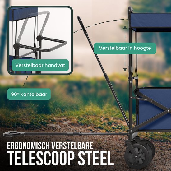 Avalo Bolderkar mit Dach XL faltbar - bis zu 110KG Tragfähigkeit - 120L - 97x60x105 CM - 360º Räder - Bolderwagen / Bolderwagen / Strandwagen / Trekkingwagen / faltbarer Bolderkar - Für Strand - Blau