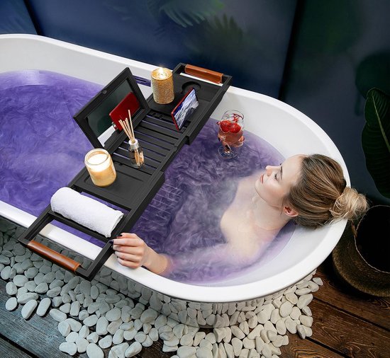 RelaxTub® Badewannenbrett - Badewannenbrett für die Badewanne - Badewannenregal - Verstellbar - Rutschfest - Badewannenbrett Schwarz - Badewannenbrett Holz - Badewannenregal mit Buchhalter, Tablet-Halter & Spiegel