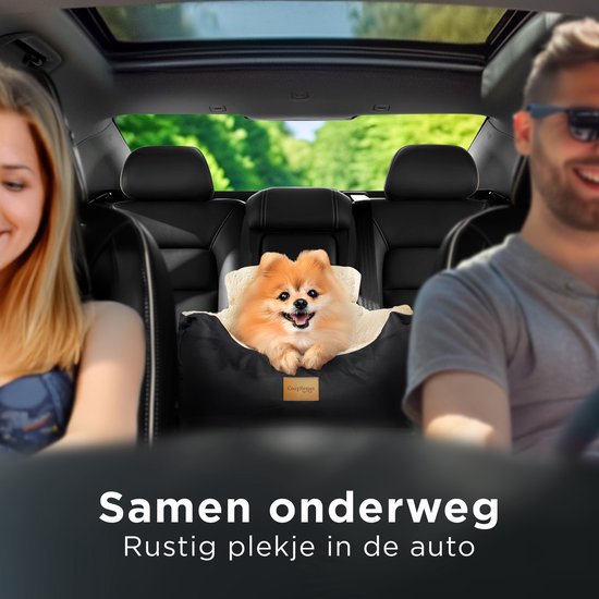 CozySense® Hundeautositz - Hundekorb Auto für kleine Hunde - Vorder- und Rücksitz - mit Sicherheitsgurt, Staufach und waschbarem Bezug - Schwarz/Beige