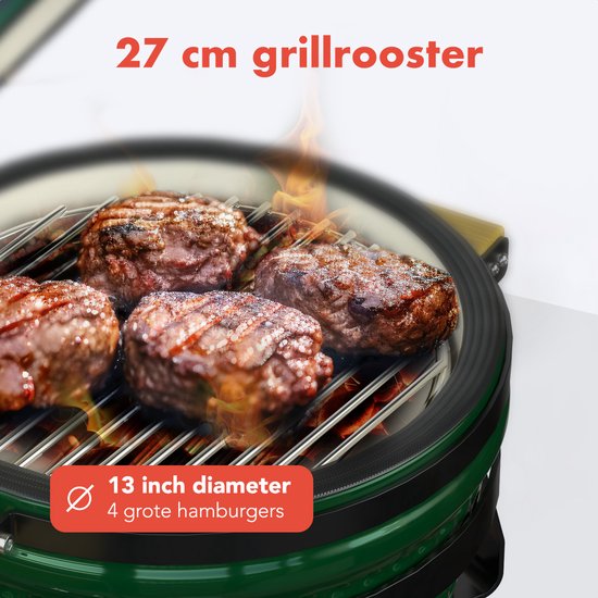 KitchenBrothers Kamado BBQ - 13 Zoll Holzkohlegrill - 27⌀ cm - PFAS-frei - Deluxe Set - Eiergrill mit Zubehör inklusive Abdeckung - Grün
