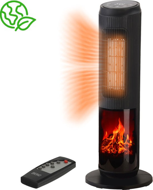 BREND - Keramischer Heizlüfter mit Thermostat und Ambientekamin - 18-45 °C - mit Schwenkfunktion - Timer - Schwarz