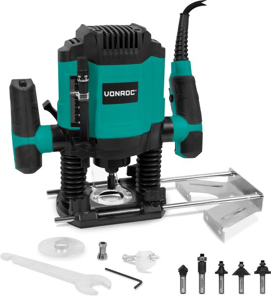VONROC Oberfräse 1200W - 6-8mm - Variable Drehzahl 16.000 - 30.000 U/min - Inkl. 6-teiligem Oberfrässet, Schablonenführung, Parallelführung und Zentrierstift