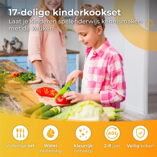 Nuvance - Kindermesserset - 17-teiliges Kochset - Kiddikutter - Kinderbesteck mit Tranchierbrett, Schälmesser, Kindermesser, Pommesschneider & Kochschürze - Kiddicutter - Kochen für Kinder - Küchenutensilien