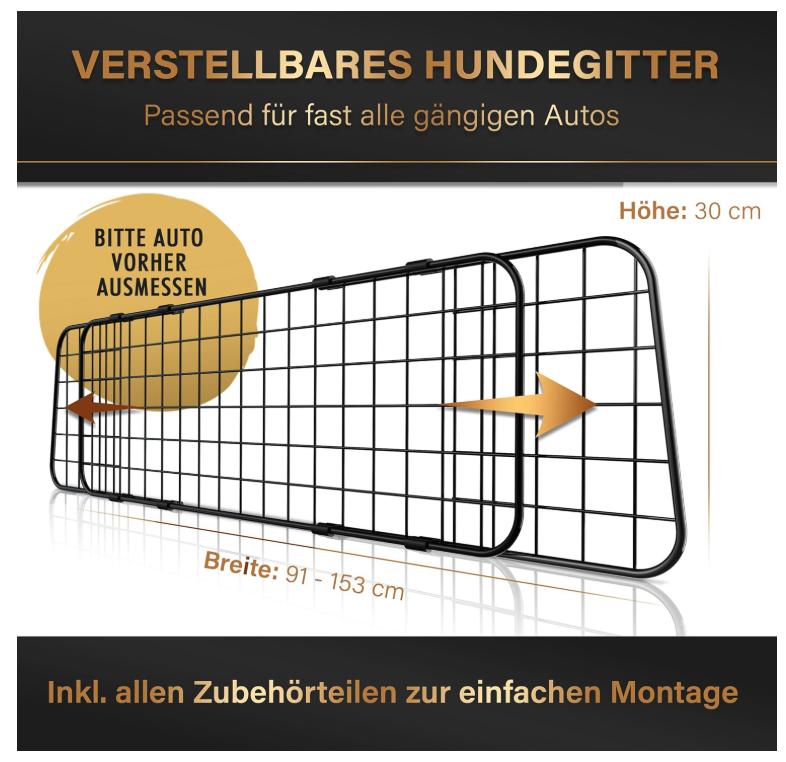 HELDENWERK Hundegitter Auto Universal - Stufenlos - Verstellbar - Für den Kofferraum - Einfache Montage - Stahl - Schwarz