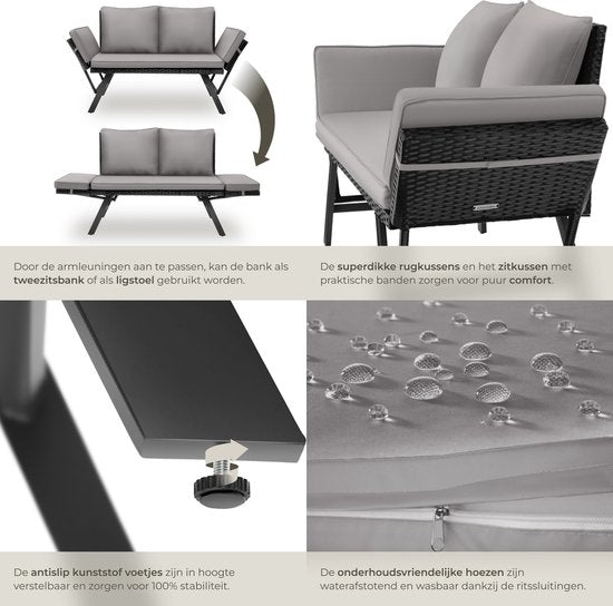 tectake® 2-in-1 Geflecht-Gartenbank Sintra - Verstellbare Handläufe - Gartenset - Liege - Balkon-Lounge-Bank - Inkl. Kissen - Outdoor-Lounge-Sofa - UV- und witterungsbeständige Sonnenliege - Hellgrau/Schwarz