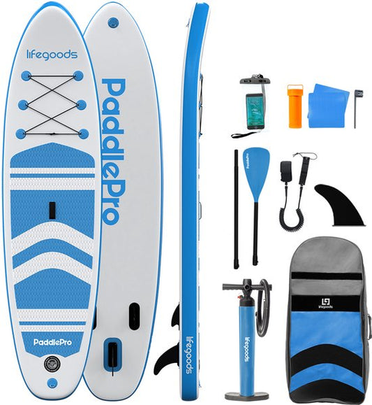 LifeGoods PaddlePro SUP Board - Aufblasbares Paddle Board - Komplettset - Max. 135KG - 320x81cm - Weiß/Himmelblau