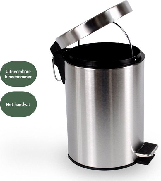 BRASQ Treteimer 12 Liter - Edelstahl - PB112 - Abfalleimer mit herausnehmbarem Treteimer - Abfalleimer - Mülleimer - Abfalleimer - Bad oder Toilette