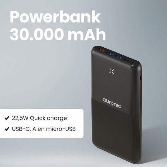 Auronic Powerbank 30.000 mAh - 22,5W Schnellladegerät über USB-C, USB-A, Micro-USB - Inklusive Kabel - Universal - Schnellladung - Notfallpaket - Schwarz