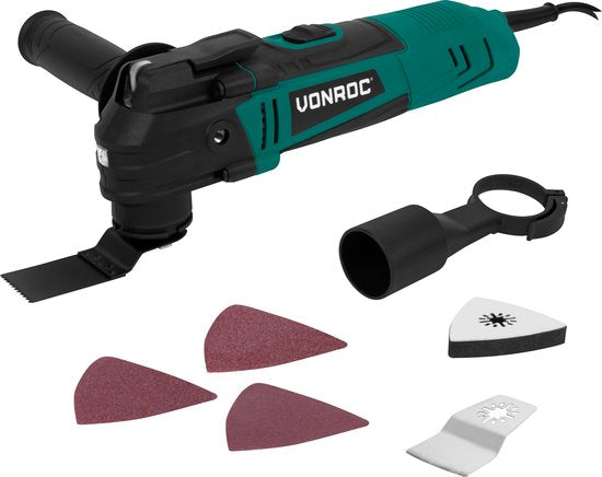 VONROC Oszillierendes Multitool 350W - Variable Drehzahl 12.000 - 22.000 p/min. - Inkl. Schleifplatte, Sägeblatt, Schaberblatt und Staubsaugeradapter