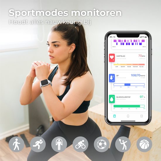 Nuvance - Smartwatch für Männer und Frauen mit Bluetooth - 45mm - Geeignet für alle Smartphones - Schrittzähler und Pulsmesser - Wasserdicht - Grau