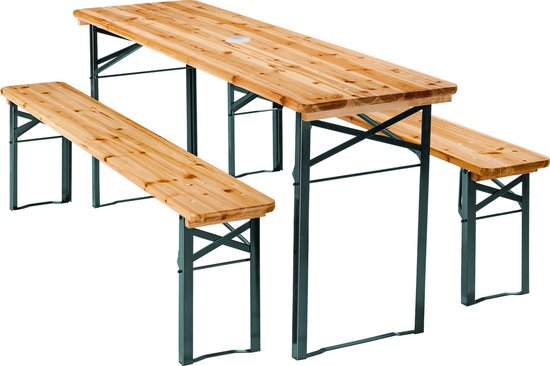 tectake Bierzeltgarnitur mit Tisch und 2x Bierbänken, mit Sonnenschirmhalter - Bierzeltgarnitur, Balkonmöbel mit 1x Klapptisch und 2x Bierbänken, klappbar, 170 x 46 x 78 cm, lackiert